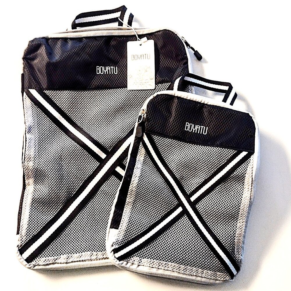 Compression Packing Cube Set of 2 ~ Travel Organizers ~ Expandable ~ Bl/Wh ~ NEW